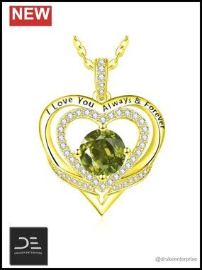 14K Gold Plated Double Heart Birthstone Pendant Necklace Women